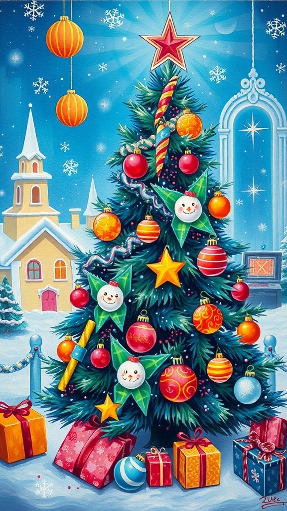 A Y2K inspired Christmas painting with a colorful tree, neon ornaments, and a whimsical winter scene.